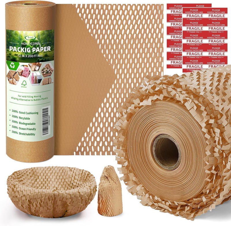 Besitek ورق تعبئة على شكل خلية نحل، 12" عرض × 200' طول، لفافة وسادة فقاعية للتعبئة والنقل، ورق تغليف للمنتجات والهدايا، مواد تعبئة قابلة لإعادة التدوير وقابلة للتحلل الحيوي مع 20 ملصق هش - Image 1